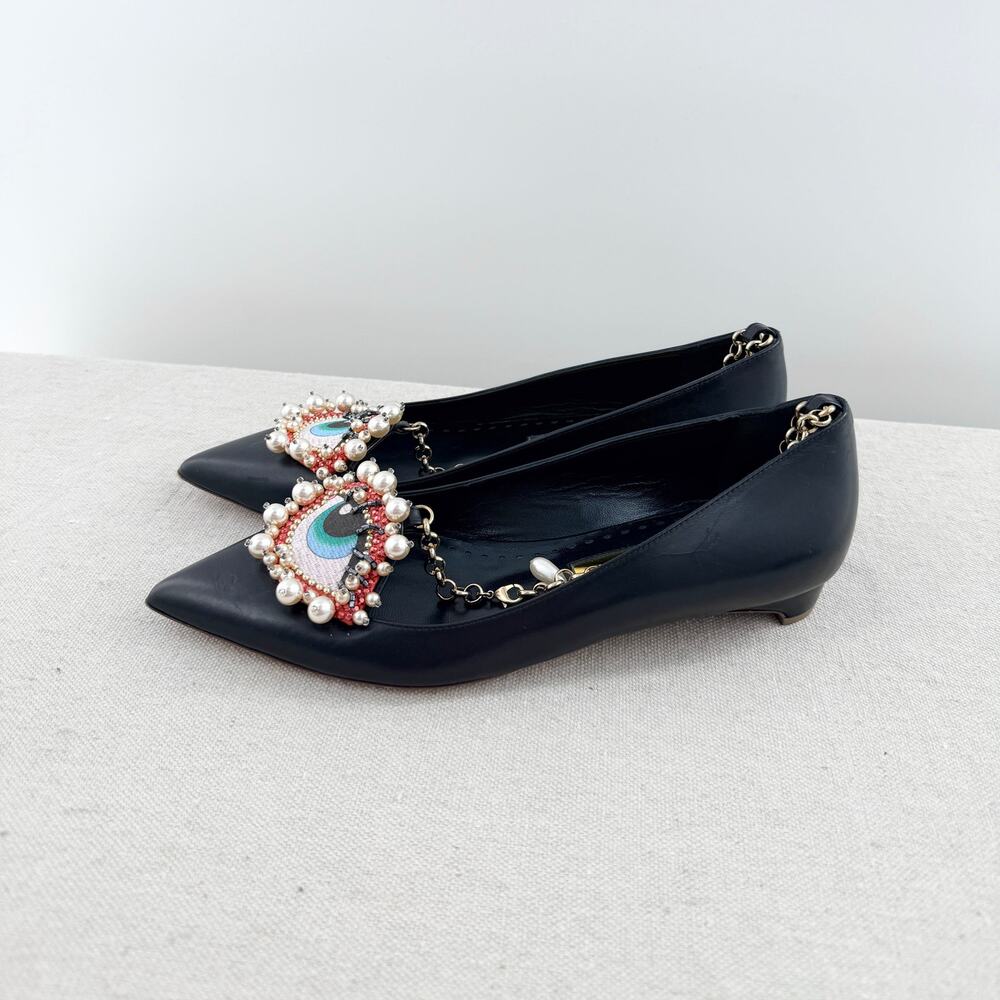 NWOT Rupert Sanderson Leather Embellished Eye Ballet Flat w/ Gold Chain Black 37